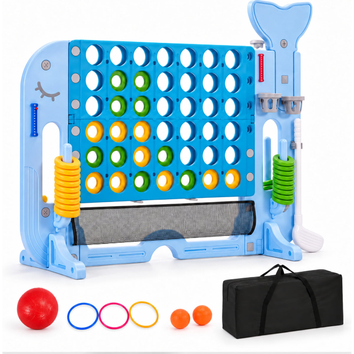 Redsmile Giant 4 in a Row Yard Game Set, 4-in-1 Outdoor Games for Kids and Adults with Basketball Hoop, Golf and Ring Toss, Adjustable Height Lawn Game for Backyard Party, Blue