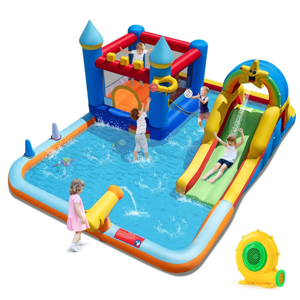 Redsmile Inflatable Water Slide Park Bouncy Castle with Climbing Wall, Backyard Water Slide with Splash Pool, Water Cannon and Basketball Rim for Kids Ages 3-12, with Blower