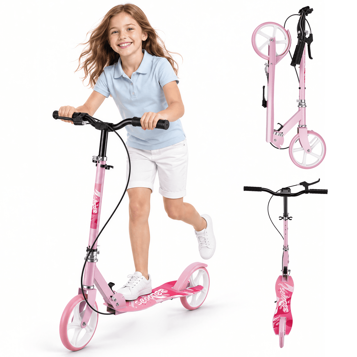 Redsmile Kick Scooter with 4 Adjustable Levels,Folding Commuter Scooter with Dual Brakes and 8 Inch Big Wheels for Teens and Adults,Pink