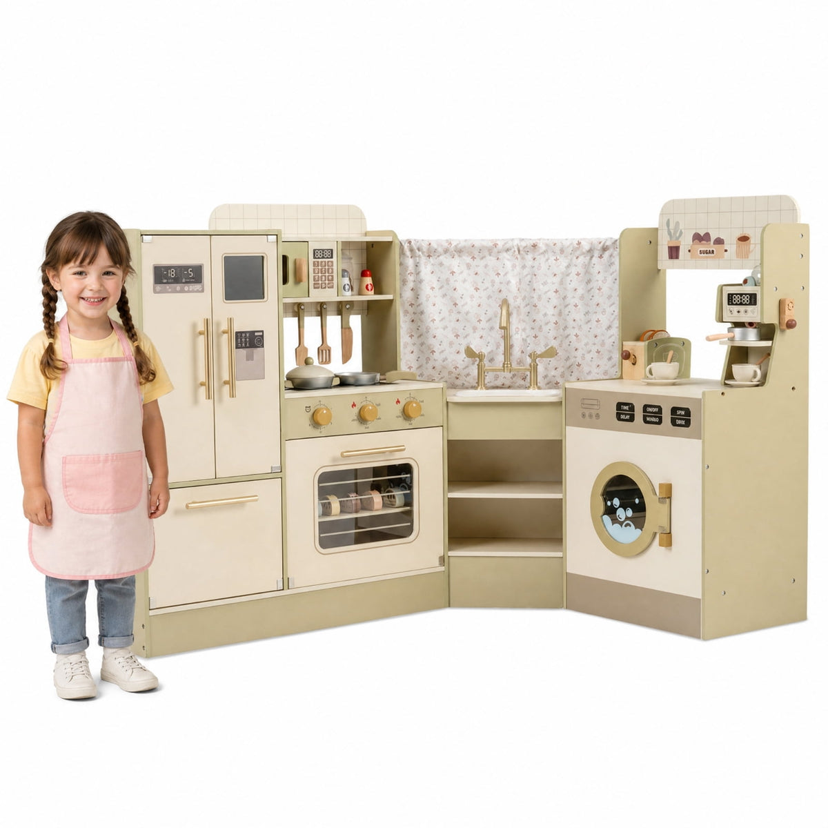 Redsmile Kids Corner Play Kitchen Set for Toddlers 3+ Years, Pretend Play Kitchen with Faucet, Dishwasher, 2 Stoves, Coffee Machine, Refrigerator, Blackboard and 21 Accessories, Green