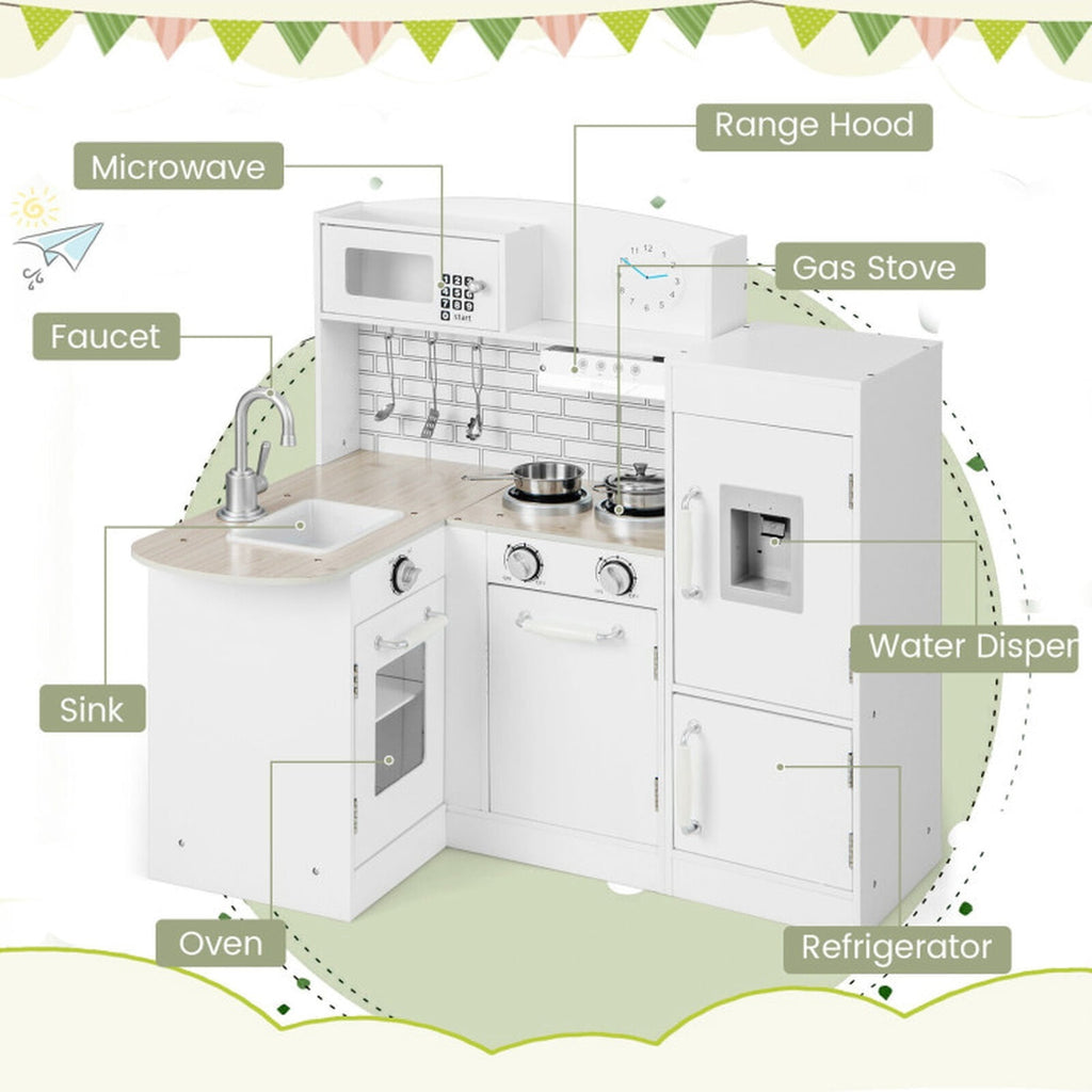 Redsmile Kids Play Kitchen Set for Toddlers 3+ Years, L-Shaped Corner Pretend Play Kitchen with Realistic Microwave, Oven, Stove, Water Dispenser, Range Hood and Side Refrigerator, White