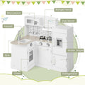 Redsmile Kids Play Kitchen Set for Toddlers 3+ Years, L-Shaped Corner Pretend Play Kitchen with Realistic Microwave, Oven, Stove, Water Dispenser, Range Hood and Side Refrigerator, White