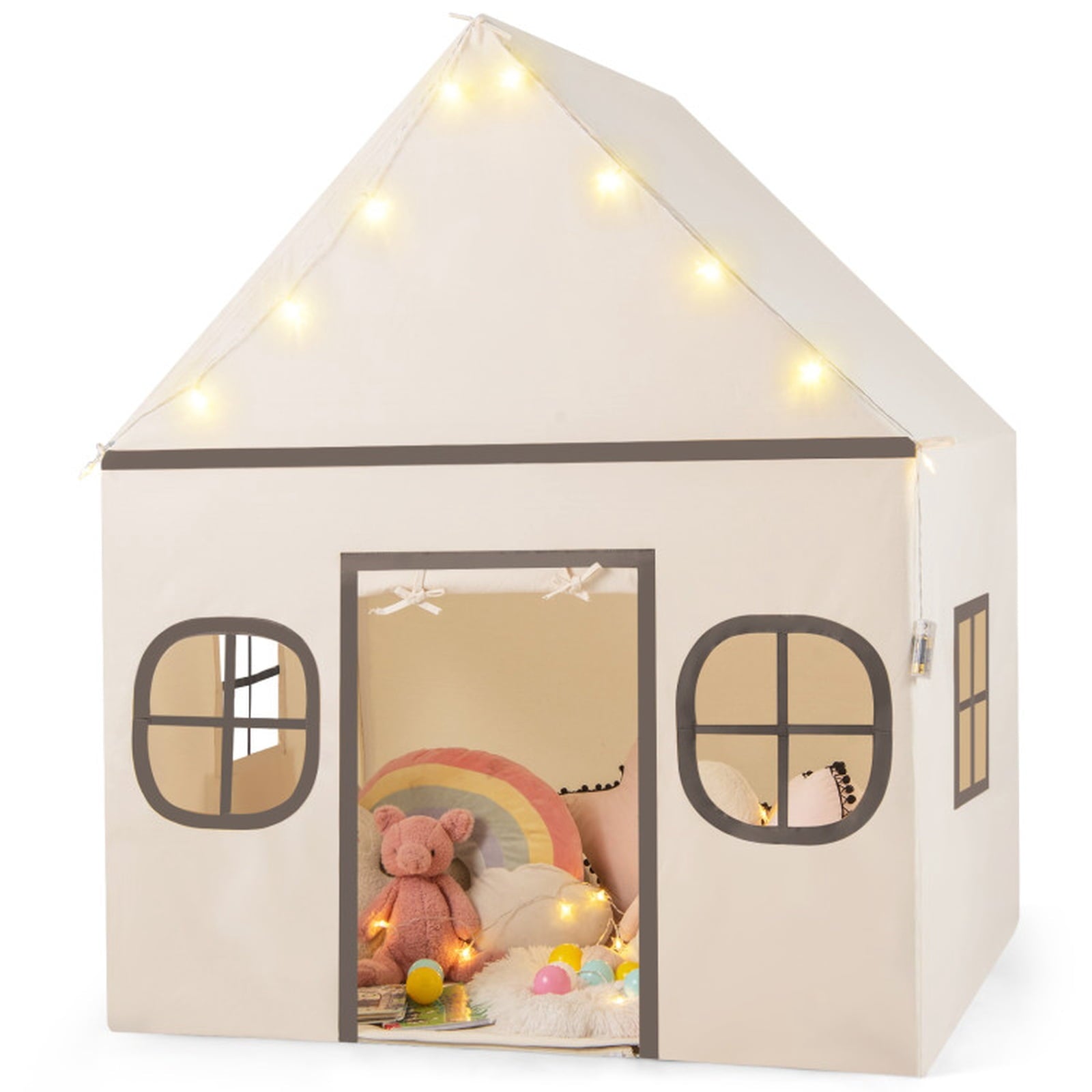 Redsmile Kids Play Tent Large Playhouse for Indoor Outdoor with Star Lights Door Curtain and Windows,Children Tent Play Equipment Gift for Girls Boys,Beige