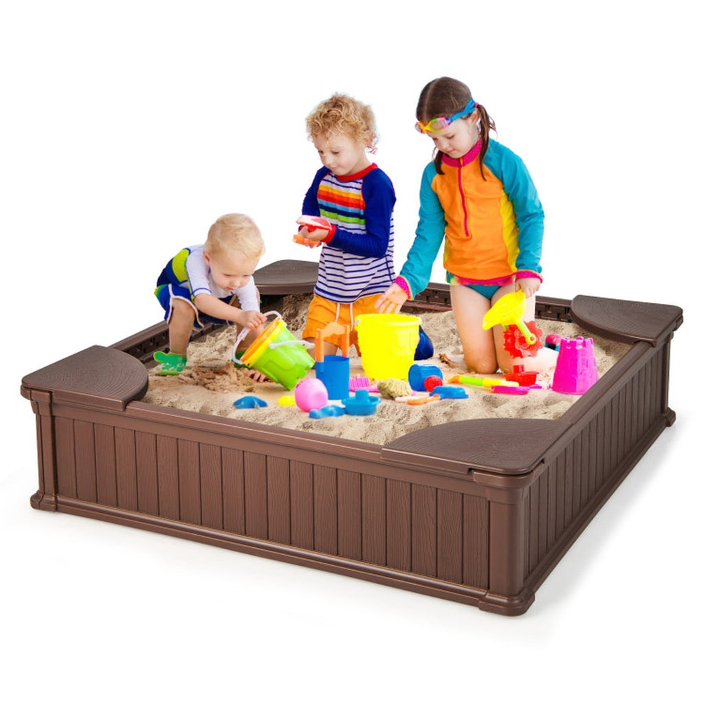 Redsmile Kids Sandbox for Backyard, 48 Inch Outdoor Sandbox with Cover and 4 Corner Seats, Weatherproof Sand Play Box, Brown