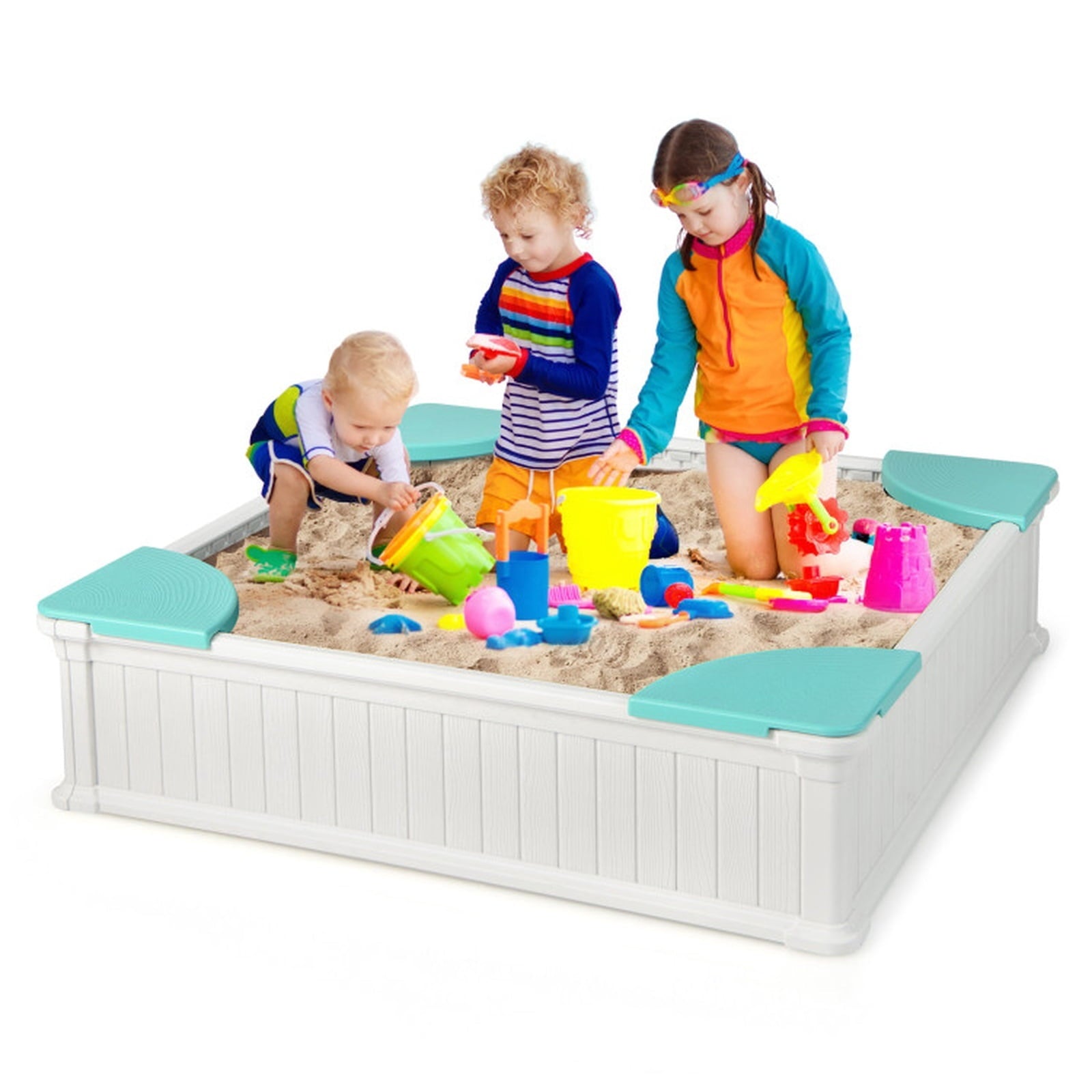 Redsmile Kids Sandbox for Backyard, 48 Inch Outdoor Sandbox with Cover and 4 Corner Seats, Weatherproof Sand Play Box, White