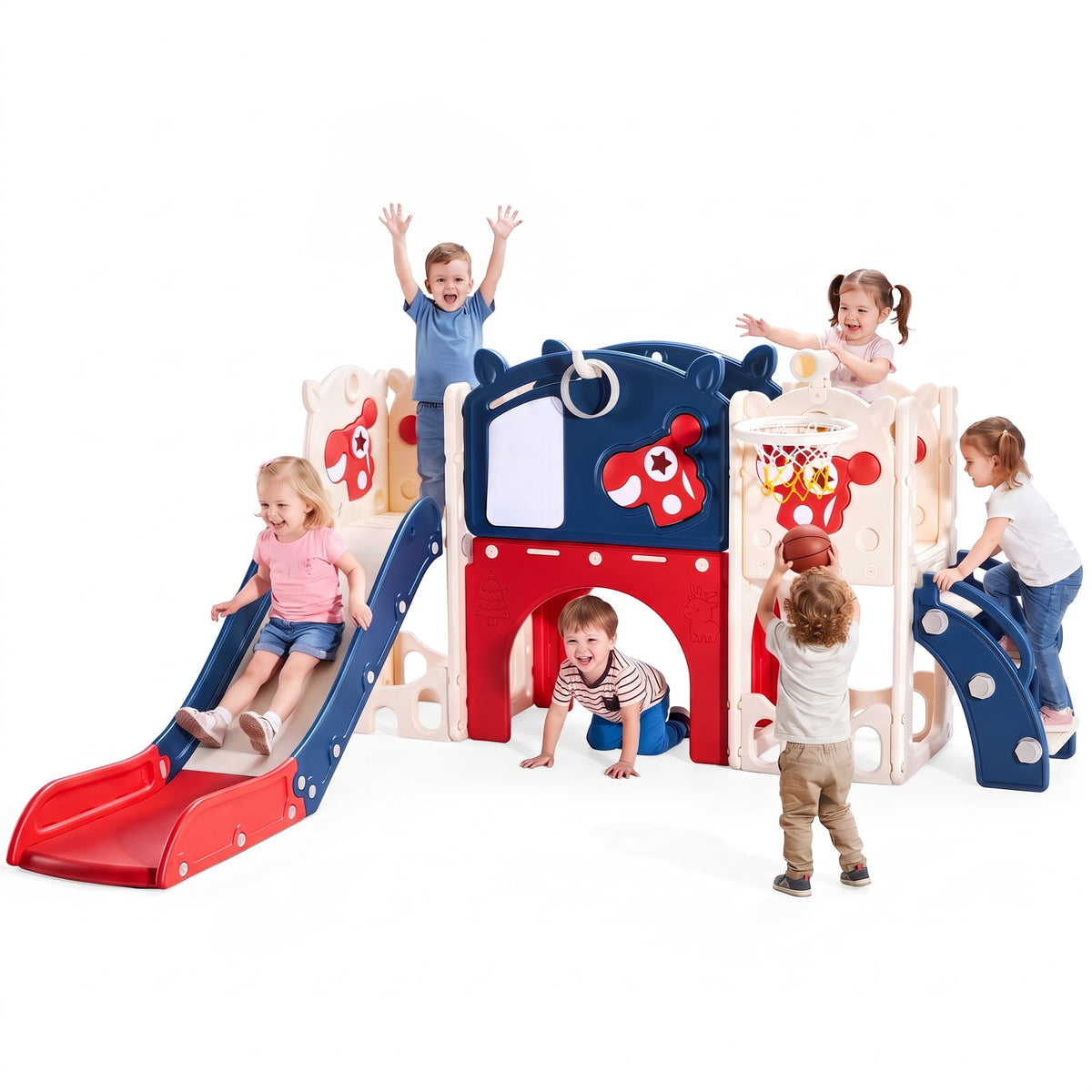 Redsmile Kids Slide and Climber Playset with Basketball Hoop, Telescope, Golf, Drawing Board and Ring Toss Activities