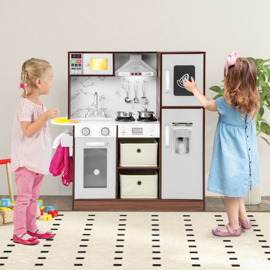 Redsmile Modern Kids Play Kitchen with Lights and Sounds, Wooden Pretend Play Kitchen Set with Ice Maker Chalkboard Fabric Drawers and 13 Accessories, Toddler Playset for Ages 3+, Coffee