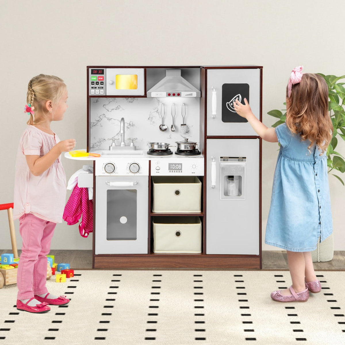 Redsmile Modern Kids Play Kitchen with Lights and Sounds, Wooden Pretend Play Kitchen Set with Ice Maker Chalkboard Fabric Drawers and 13 Accessories, Toddler Playset for Ages 3+, Coffee