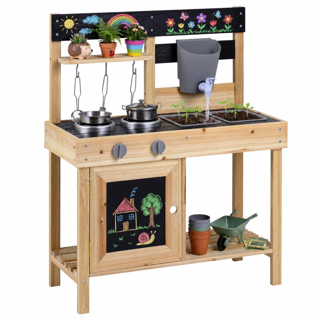 Redsmile Mud Kitchen for Kids Outdoor with 2 Removable Sinks, Fir Wood Play Kitchen Set with Water Box Faucet 2 Stoves and 5 Kitchenware, Toddler Backyard Playset for Ages 3+, Natural