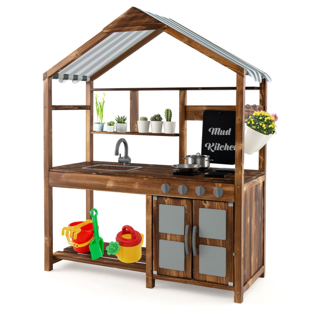 Redsmile Mud Kitchen for Kids Outdoor, Solid Fir Wood Play Kitchen with Canopy Sink Faucet 4 Stoves and Chalkboard, Toddler Outdoor Playset for Backyard Garden, Ages 3-7, Natural