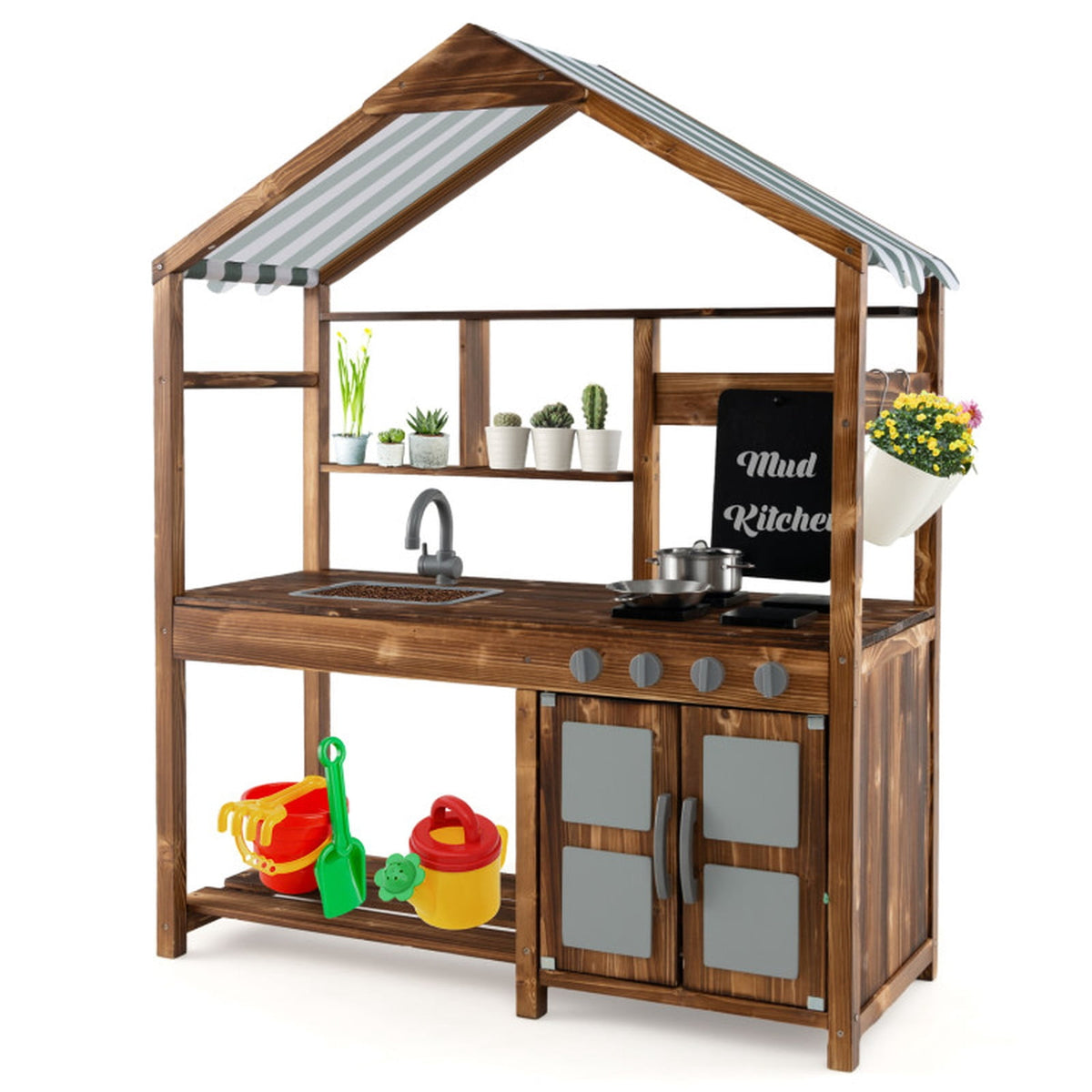 Redsmile Mud Kitchen for Kids Outdoor, Solid Fir Wood Play Kitchen with Canopy Sink Faucet 4 Stoves and Chalkboard, Toddler Outdoor Playset for Backyard Garden, Ages 3-7, Natural