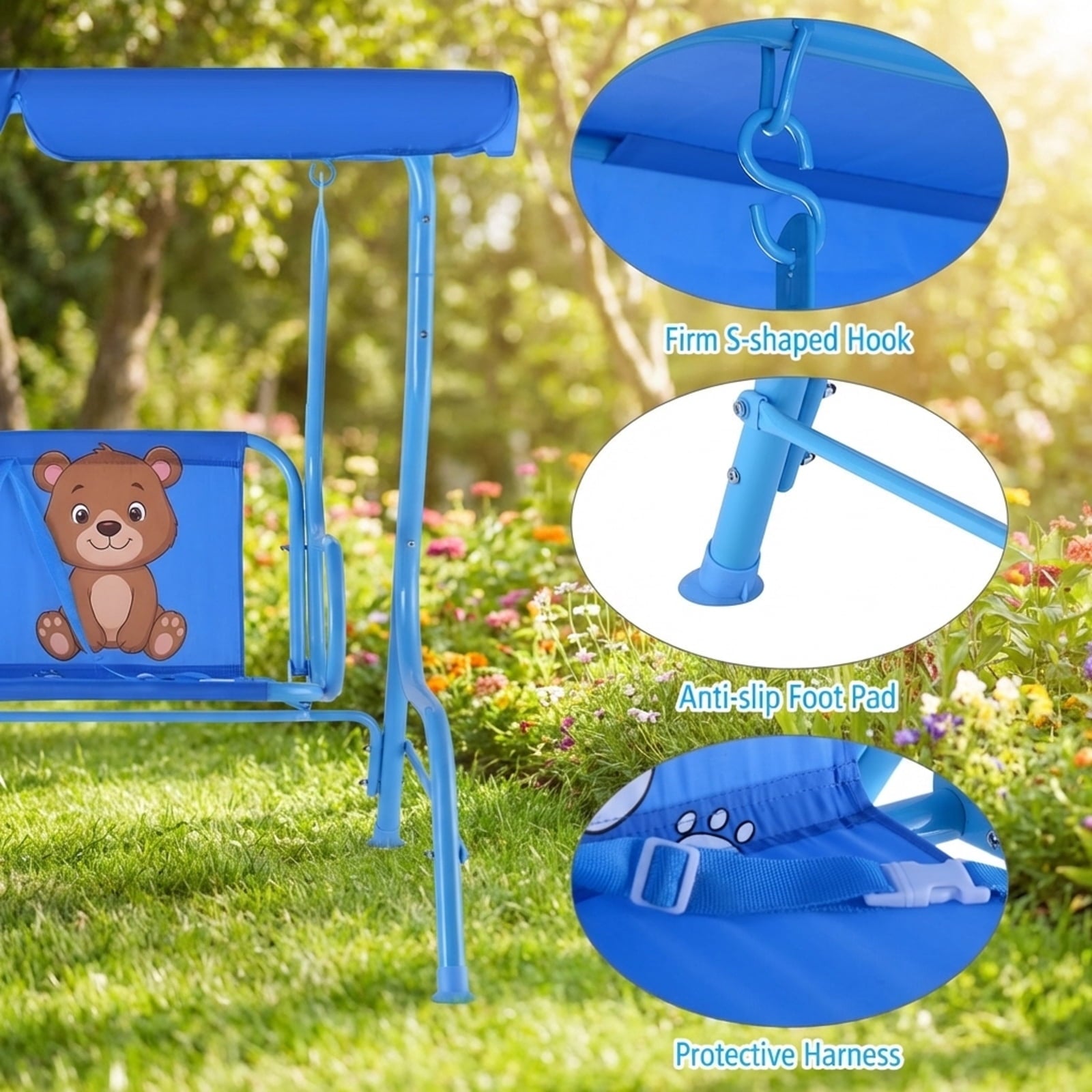 Redsmile Outdoor Kids Patio Swing Bench with Canopy 2 Seats - Multicolor - Backyard Play - Outdoor Fun