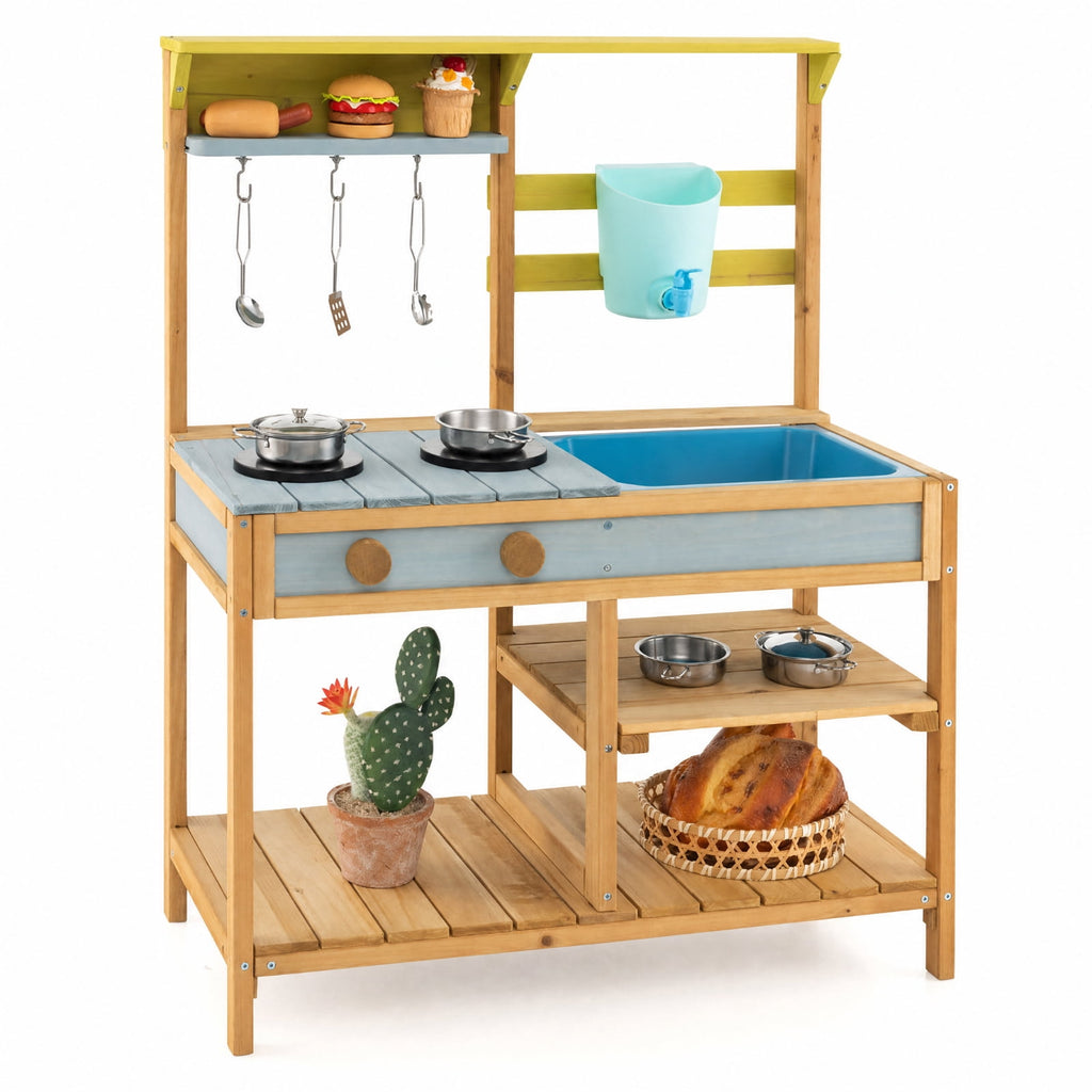 Redsmile Outdoor Mud Kitchen for Kids with Working Faucet and Water Box, Fir Wood Play Kitchen with Removable Sink Stovetop Storage Shelves and Hooks, Toddler Backyard Playset, Natural