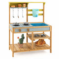 Redsmile Outdoor Mud Kitchen for Kids with Working Faucet and Water Box, Fir Wood Play Kitchen with Removable Sink Stovetop Storage Shelves and Hooks, Toddler Backyard Playset, Natural