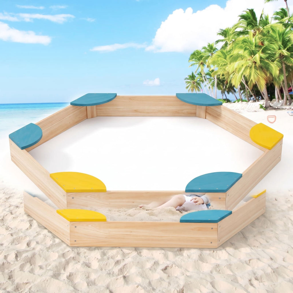 Redsmile Outdoor Solid Wood Sandbox with 6 Built-in Fan-shaped Seats for Kids Backyard Playground Summer Fun