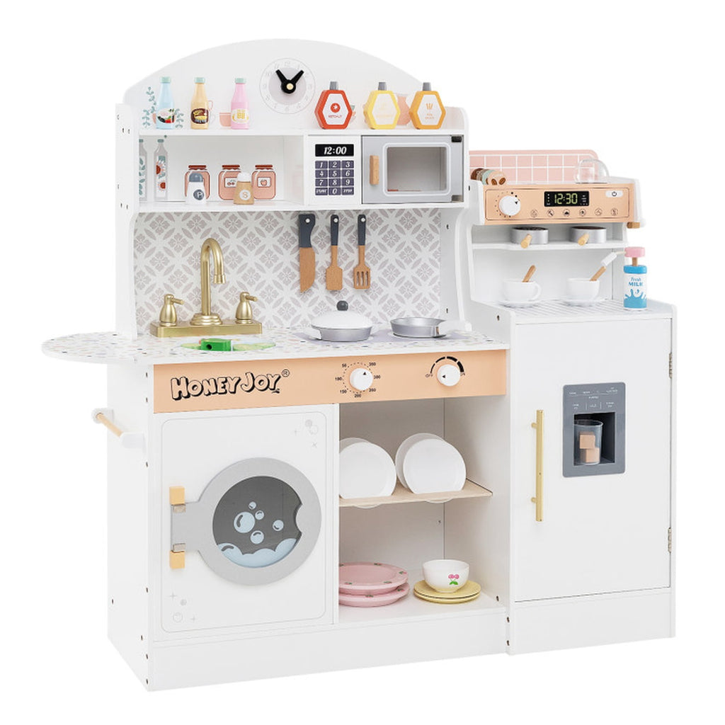 Redsmile Play Kitchen,Wooden Kids Kitchen Playset with Coffee Maker and Accessories,Pretend Play Toy with Realistic Lights and Sounds,Gift for Girls Boys Ages 3-10,White
