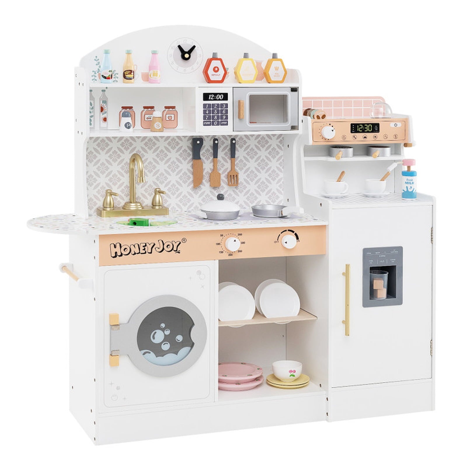 Redsmile Play Kitchen,Wooden Kids Kitchen Playset with Coffee Maker and Accessories,Pretend Play Toy with Realistic Lights and Sounds,Gift for Girls Boys Ages 3-10,White