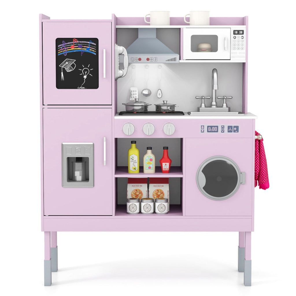 Redsmile Play Kitchen,Wooden Kids Kitchen Playset with Realistic Lights and Sounds,Pretend Play Toy Kitchen with Ice Maker and Range Hood,Gift for Girls Boys Ages 3-10,Pink