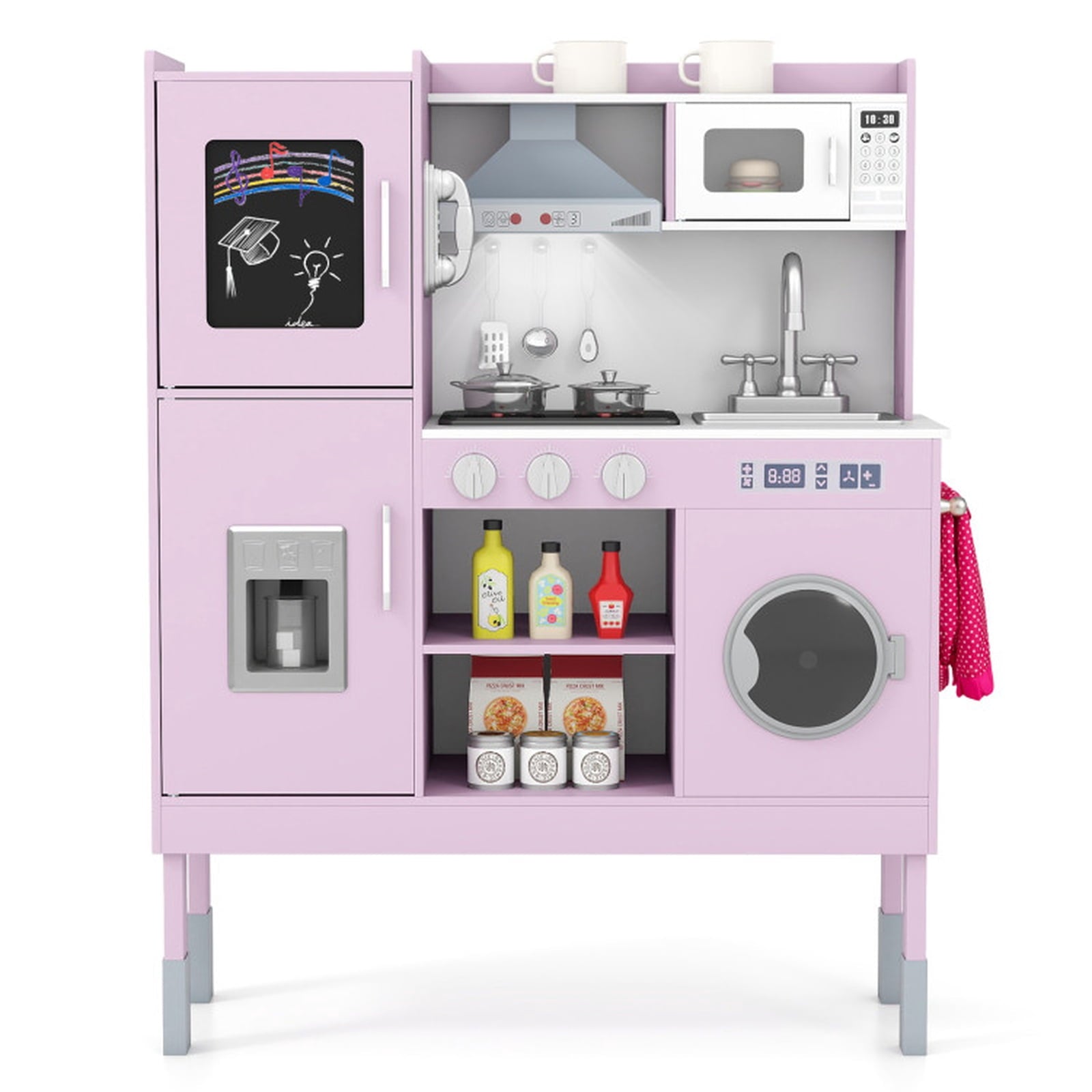 Redsmile Play Kitchen,Wooden Kids Kitchen Playset with Realistic Lights and Sounds,Pretend Play Toy Kitchen with Ice Maker and Range Hood,Gift for Girls Boys Ages 3-10,Pink