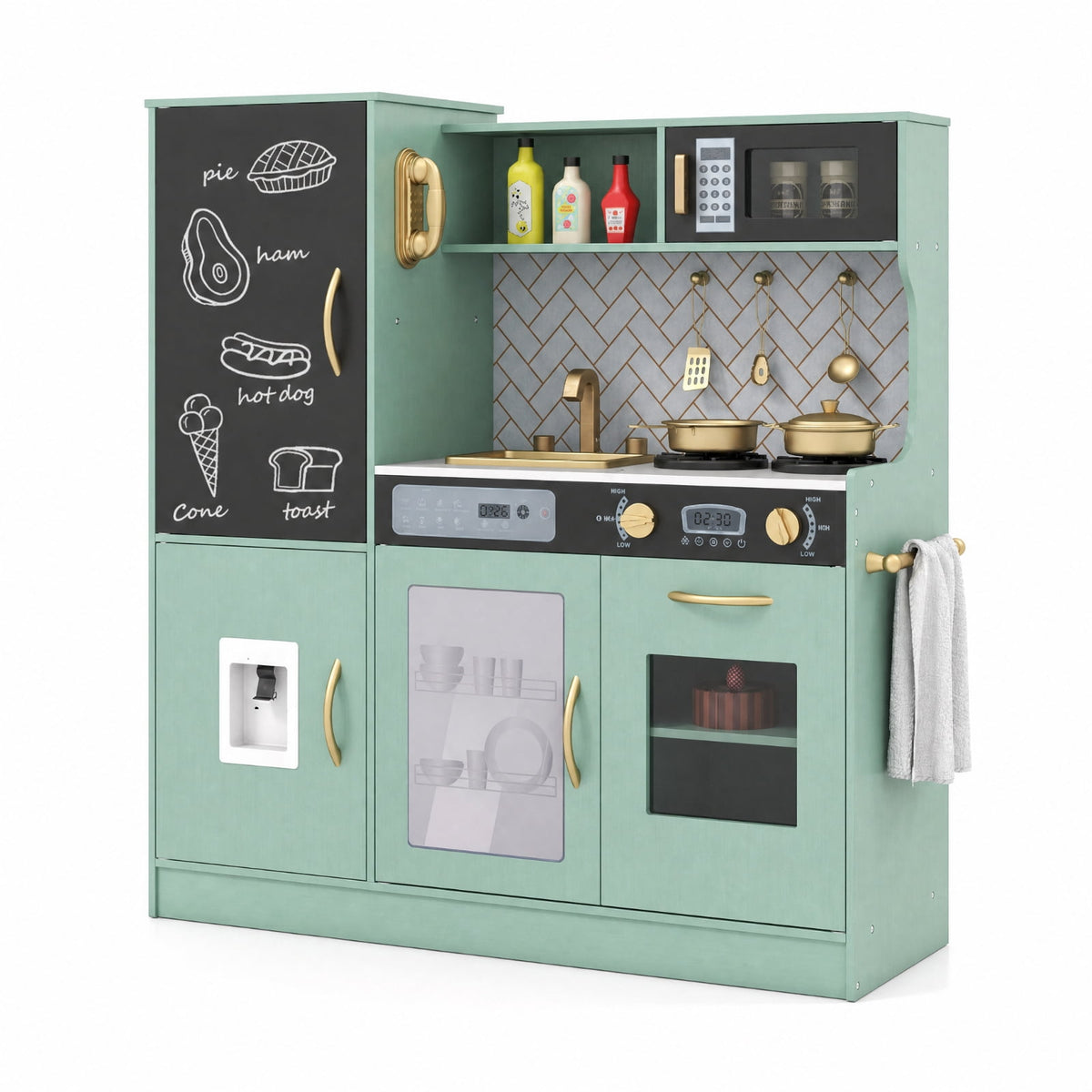 Redsmile Pretend Play Kitchen for Kids with Lights and Sounds, Wooden Play Kitchen Set with Dishwasher Oven Microwave Sink Faucet Water Dispenser and Utensils, Toddler Playset, Green