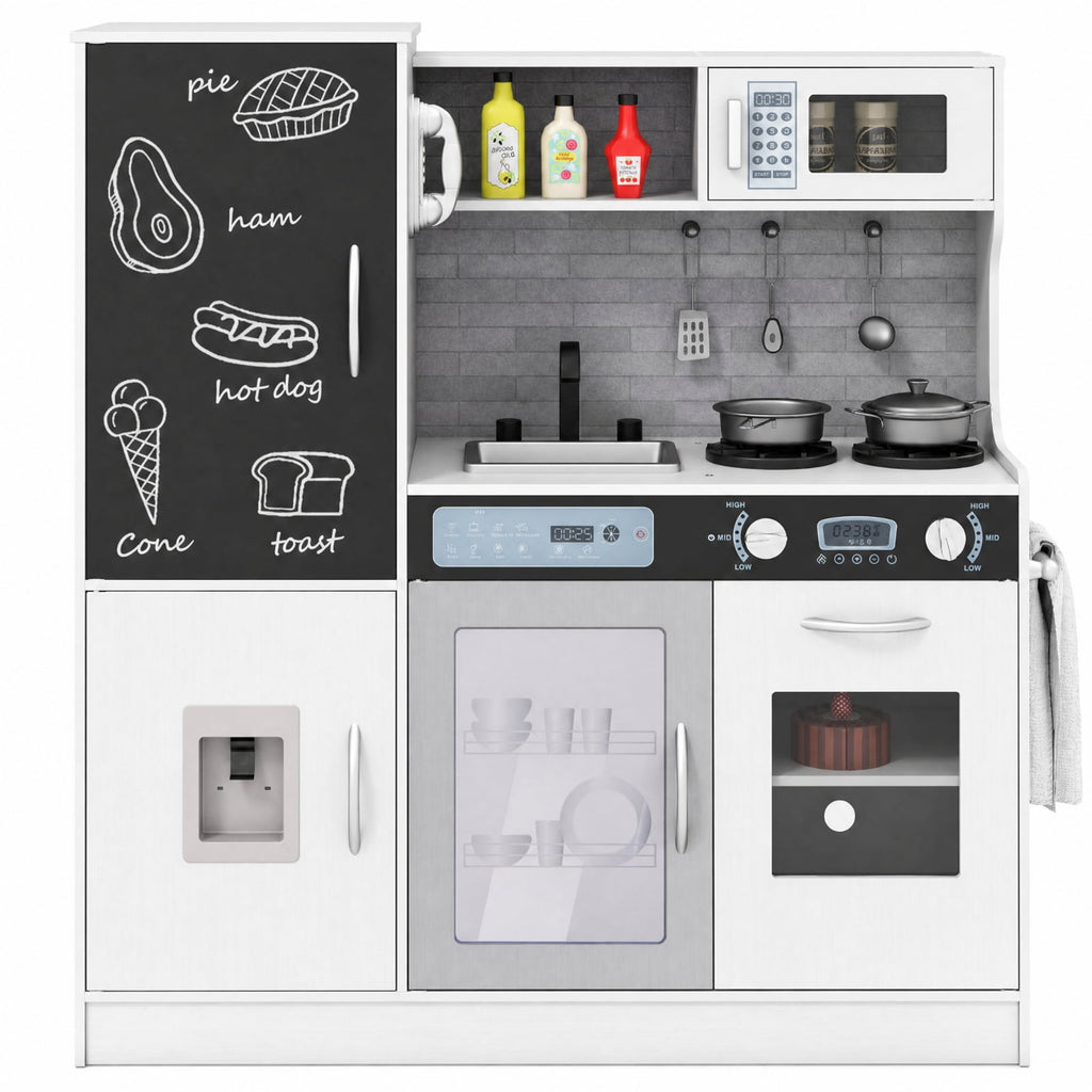 Redsmile Pretend Play Kitchen Set for Kids 3+ Years, Toddler Kitchen Playset with Light-Up Stove, Sound Water Dispenser, Dishwasher, Oven, Chalkboard and Utensils, Christmas Gift, Silver
