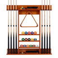 Redsmile Wall-Mounted Billiards Pool Cue Rack, Solid Pine Wood Pool Cue Holder for 8 Cues, 16 Balls, Ball Rack, Brushes and Chalk, Billiard Storage Organizer for Game Room Bar, Brown