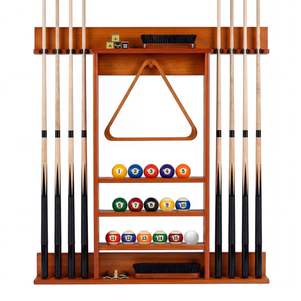 Redsmile Wall-Mounted Billiards Pool Cue Rack, Solid Pine Wood Pool Cue Holder for 8 Cues, 16 Balls, Ball Rack, Brushes and Chalk, Billiard Storage Organizer for Game Room Bar, Brown