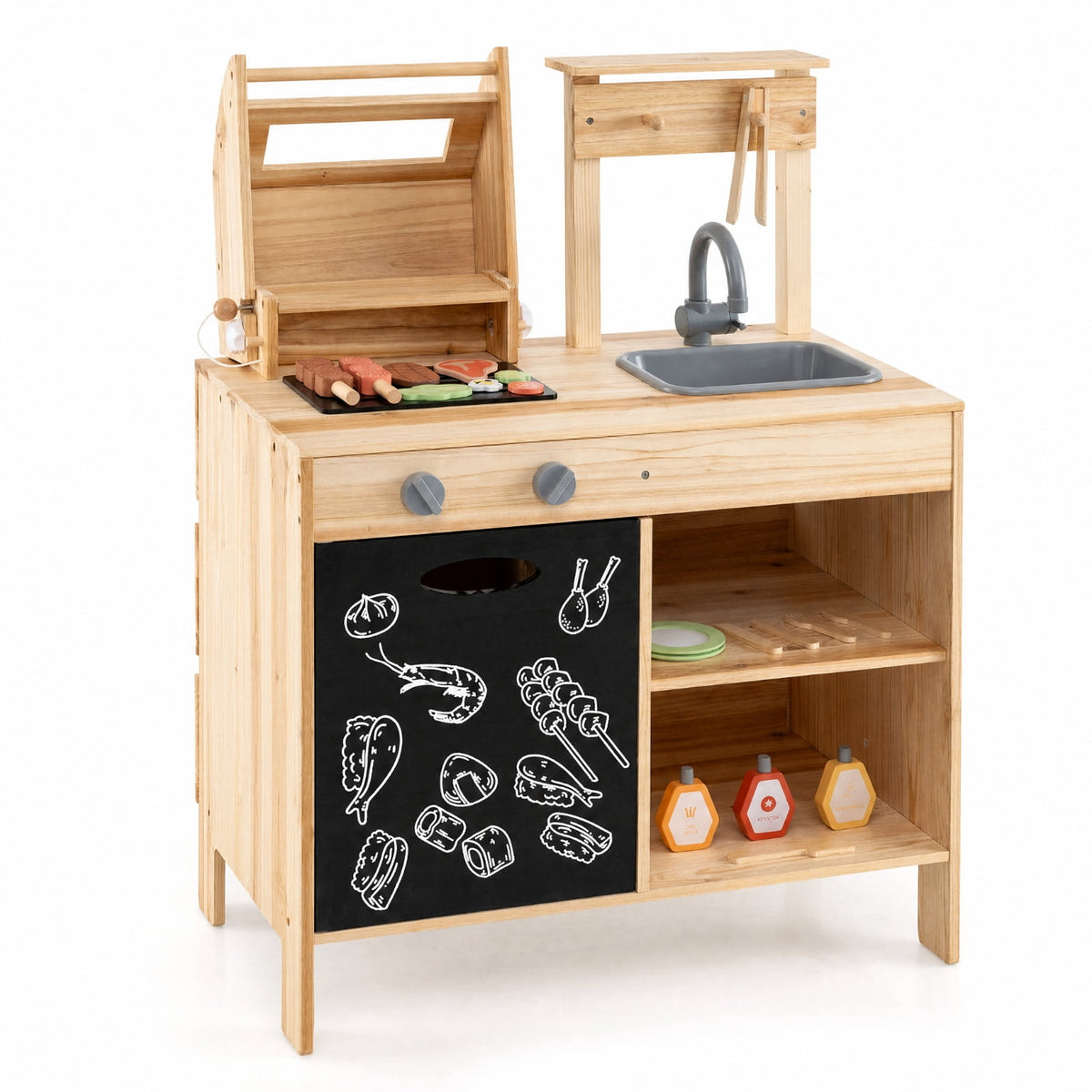 Redsmile Wooden BBQ Grill Playset for Kids with Chalkboard Sink and Cabinet, Pretend Play Barbecue Kitchen Set with 25 Accessories Grilling Tools and Play Food, Toddler Playset, Natural