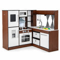 Redsmile Wooden Corner Play Kitchen Set for Toddlers 3+ Years, Pretend Play Kitchen with Water Circulation System, 360 Faucet, Sound and Light Range Hood, Ice Maker and Fabric Bins, Brown