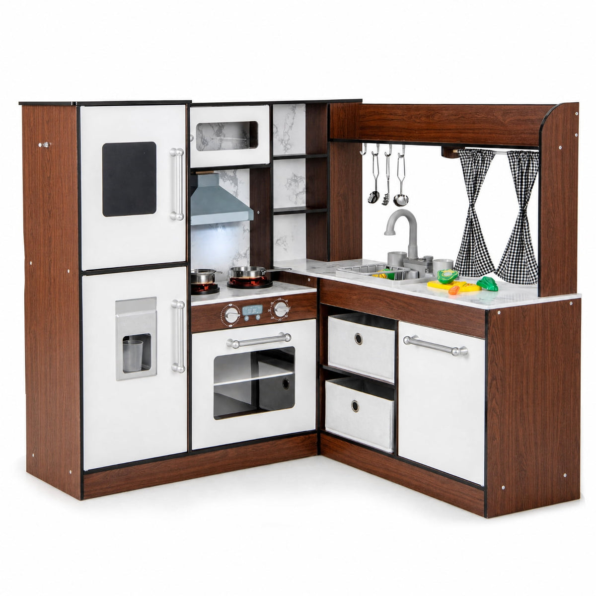 Redsmile Wooden Corner Play Kitchen Set for Toddlers 3+ Years, Pretend Play Kitchen with Water Circulation System, 360 Faucet, Sound and Light Range Hood, Ice Maker and Fabric Bins, Brown