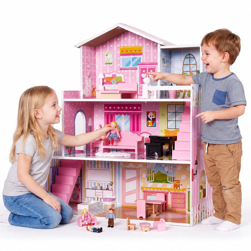 Redsmile Wooden Dollhouse for Kids, 3-Story Doll House with 17 Furniture Pieces and Accessories for Pretend Play and Birthday Gifts, Pink