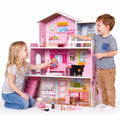 Redsmile Wooden Dollhouse for Kids, 3-Story Doll House with 17 Furniture Pieces and Accessories for Pretend Play and Birthday Gifts, Pink