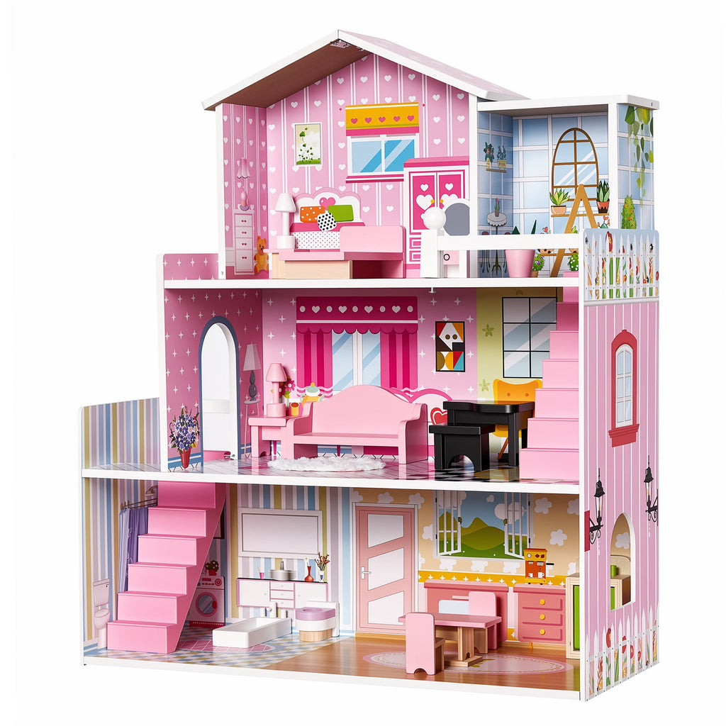 Redsmile Wooden Dollhouse for kids, 3-Story Pretend Play Doll House with 17 Furniture and Accessories, DIY Princess Playhouse, Creative Gift for Girls