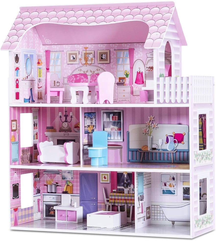 Redsmile Wooden Dollhouse with warm LED Lights, 3-Story Pretend Play Doll House with 16 Furniture and Accessories, DIY Princess Playhouse, Creative Gift for Girls