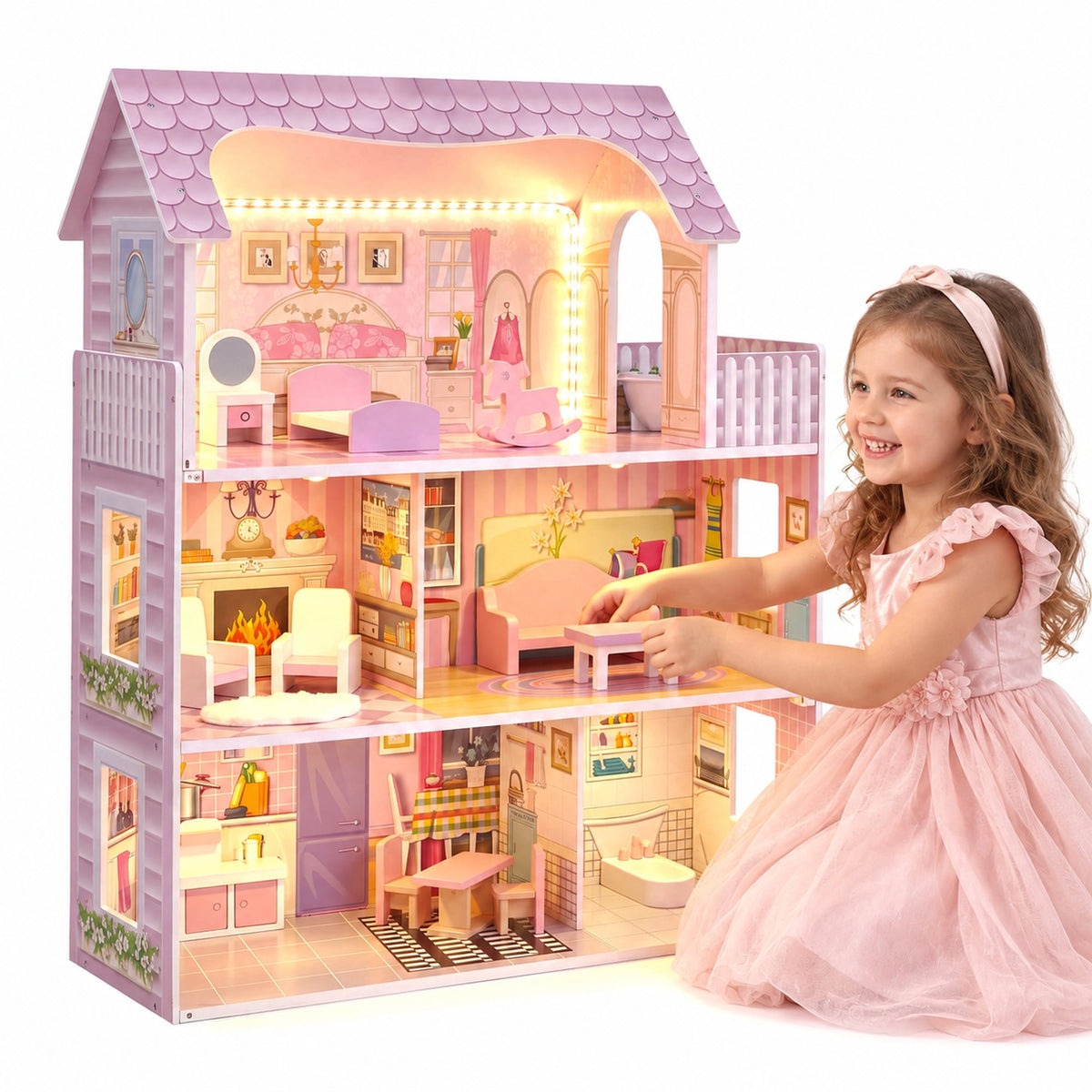 Redsmile Wooden Dollhouse with warm LED Lights, 3-Story Pretend Play Doll House with 16 Furniture and Accessories, DIY Princess Playhouse, Creative Gift for Girls