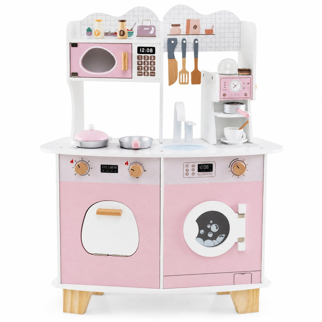 Redsmile Wooden Kids Kitchen Playset for Toddlers 3+ Years, Pretend Play Kitchen with Coffee Maker, Microwave, Oven, Stove, Sink and Washing Machine, Click-Sound Knobs, Christmas Gift, Pink