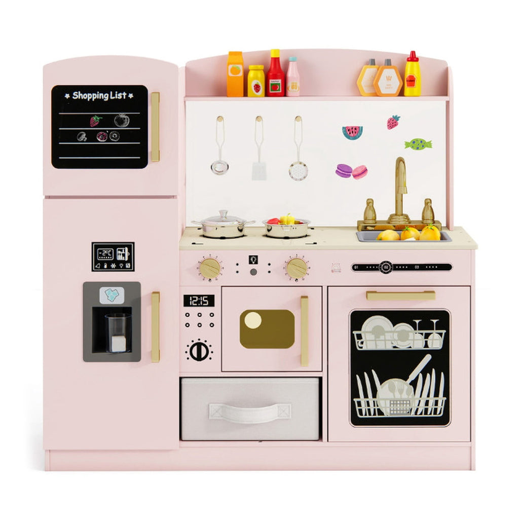 Redsmile Wooden Play Kitchen for Kids, Deluxe Pretend Kitchen with Lighted Microwave Ice Maker and Chalkboard, Toddler Kitchen Toy, Pink