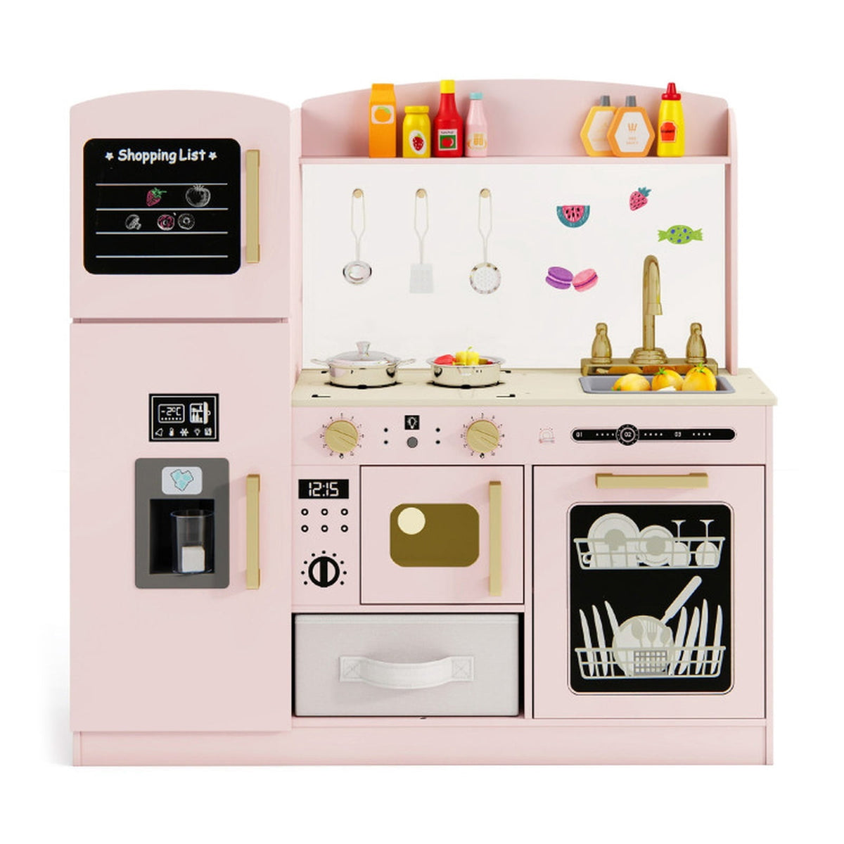 Redsmile Wooden Play Kitchen for Kids, Deluxe Pretend Kitchen with Lighted Microwave Ice Maker and Chalkboard, Toddler Kitchen Toy, Pink
