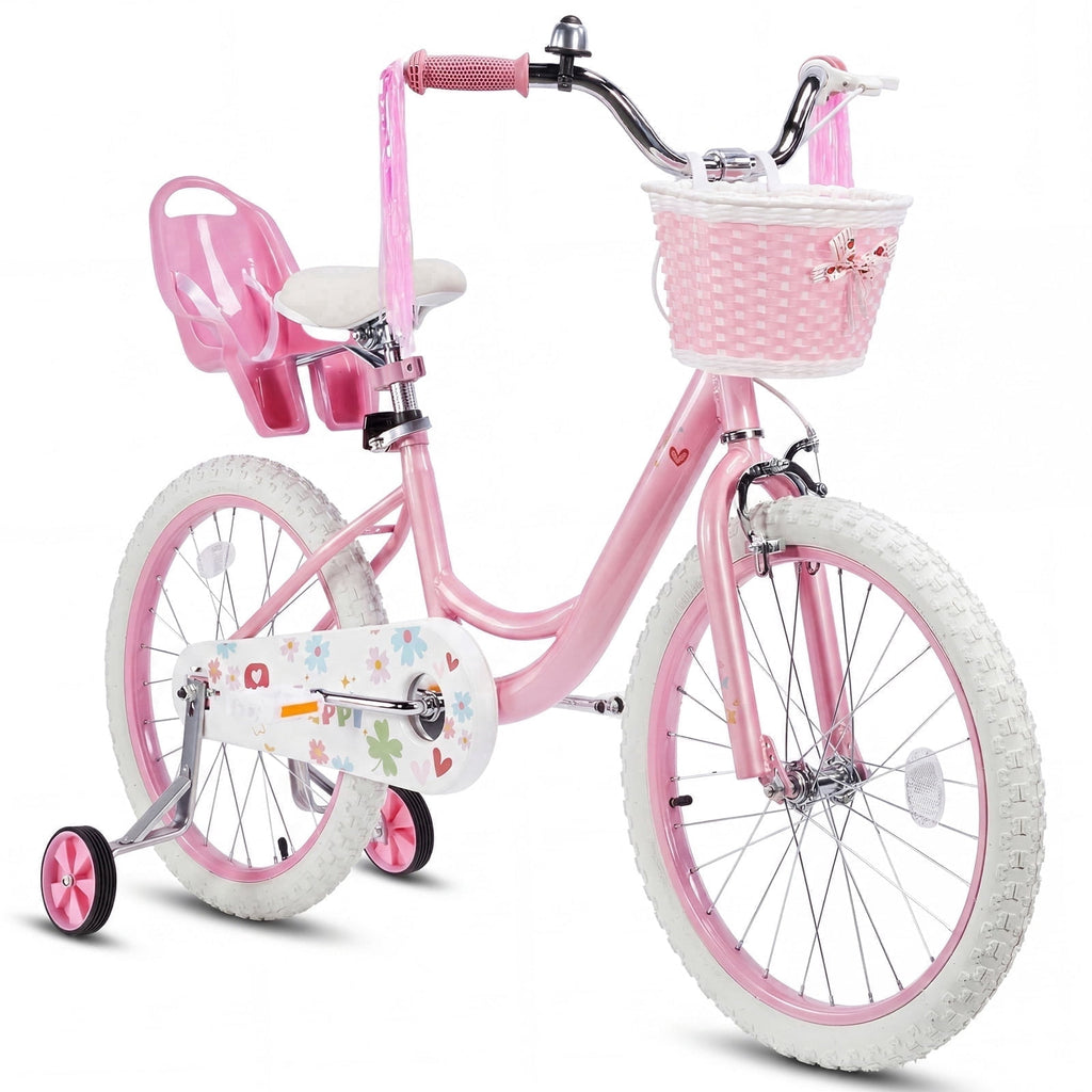 Redsmile 16 Inch Girls Bike for 2-8 Years Old Kids, Kids Bicycle with Training Wheels, Basket and Doll Seat, Pink