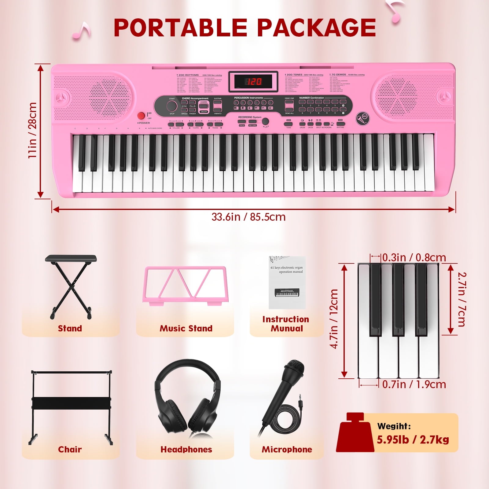 Redsmile 61 Key Piano Keyboard with Lighted Keys Stand Bench Microphone Headphone and Built-in Speakers for Beginners, Pink