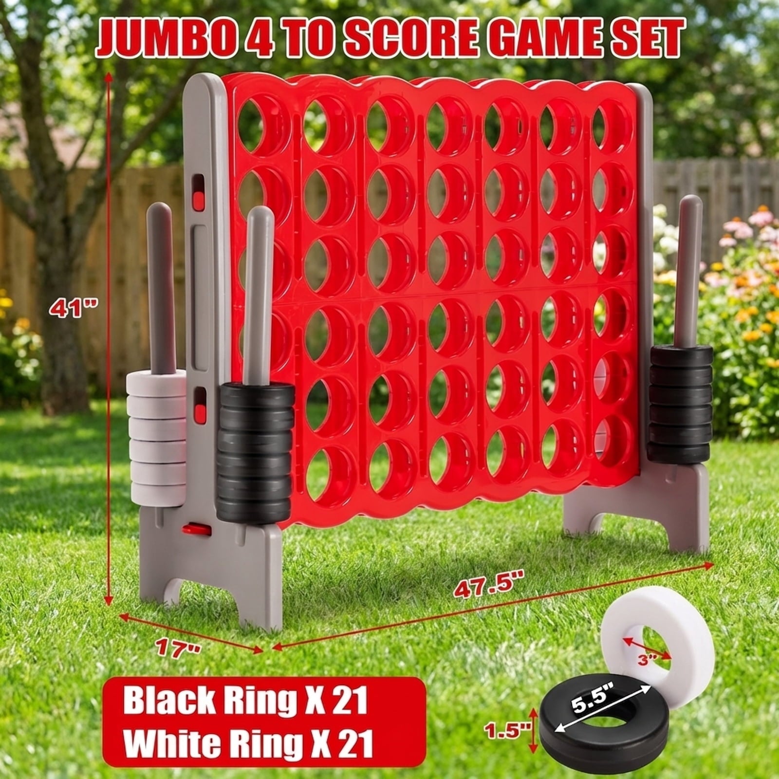 Redsmile 3.5 Feet Tall Jumbo 4 to Score Giant Game Set with 42 Jumbo Rings-Red Multicolor - Outdoor Backyard Lawn Party Game for Kids Adults