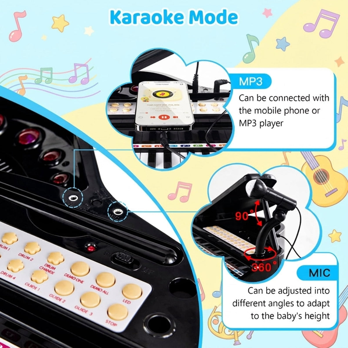 Redsmile 31-Key Kids Piano Keyboard with LED Light-Up Keys and Microphone for Beginners and Young Musicians, Black