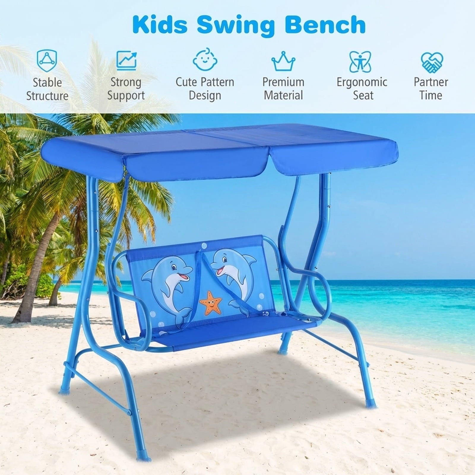 Redsmile Outdoor Kids Patio Swing Bench with Canopy 2 Seats - Multicolor - Backyard Play - Outdoor Fun