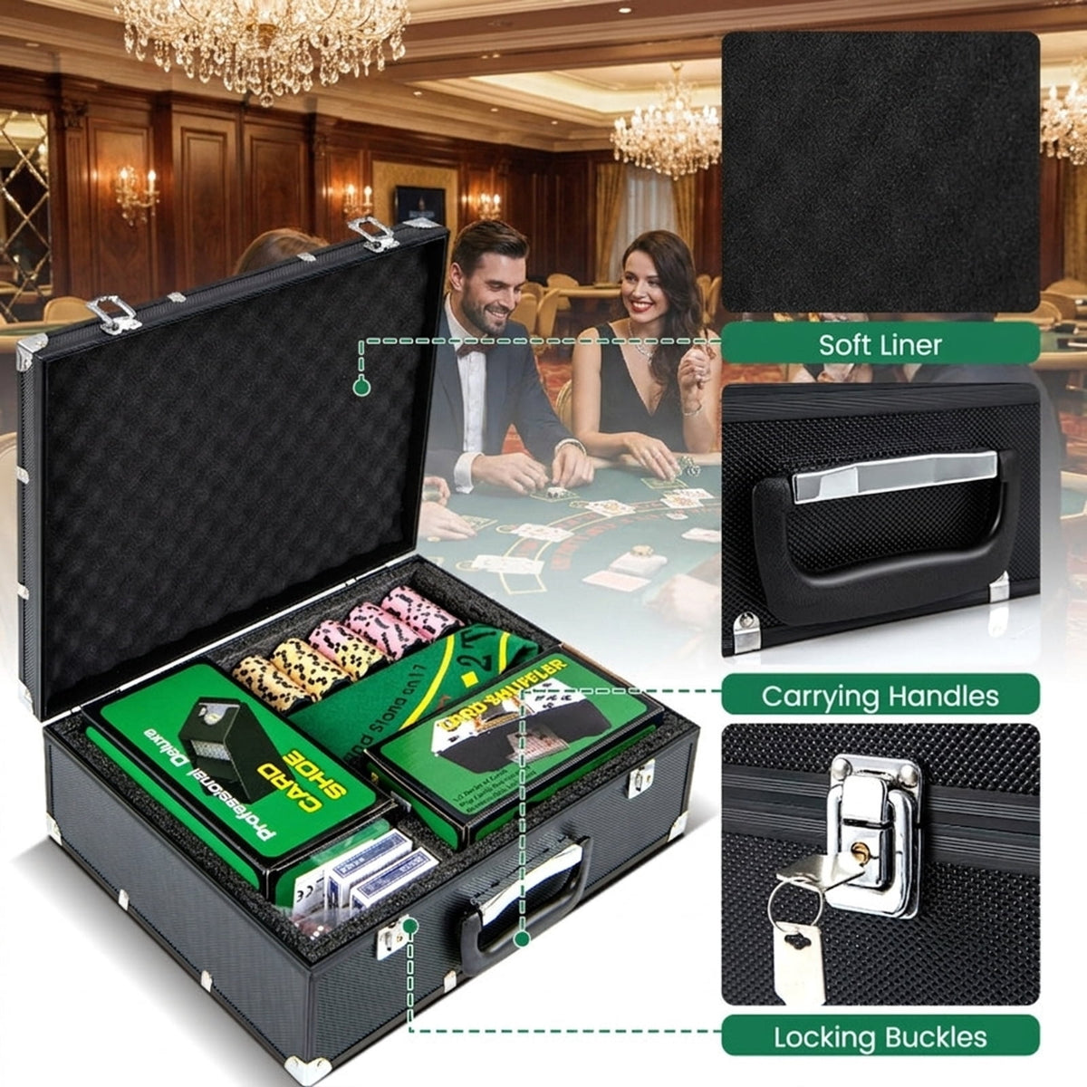 Redsmile 300-Piece 14 Gram Poker Chip Set, Casino Poker Chips with Aluminum Case, Card Shuffler, 2 Decks, Dices and Dealer Buttons for Texas Holdem Blackjack, Home Game Night, Black