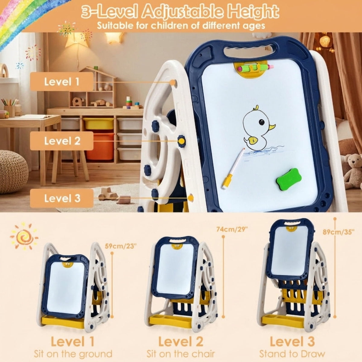 Redsmile 3-in-1 Kids Art Easel Double-Sided Tabletop Easel with Art Accessories, Art Easel for Kids, Standing Easel, Double Sided Easel for Toddlers Boys Girls, Christmas Birthday Gift, Blue