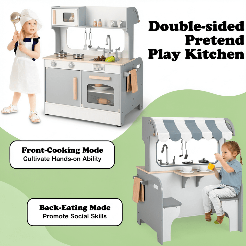 Redsmile Double-sided Pretend Play Kitchen,Wooden Kids Kitchen Playset with 2-Seat Cafe,Microwave,Oven,with Realistic Lights and Sounds,Gift for Girls Boys Ages 3-10,Gray
