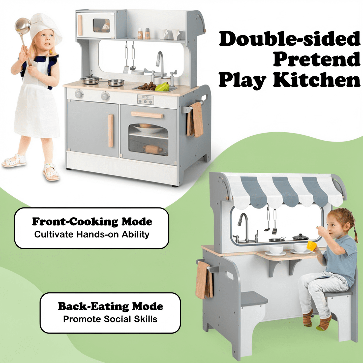 Redsmile Double-sided Pretend Play Kitchen,Wooden Kids Kitchen Playset with 2-Seat Cafe,Microwave,Oven,with Realistic Lights and Sounds,Gift for Girls Boys Ages 3-10,Gray