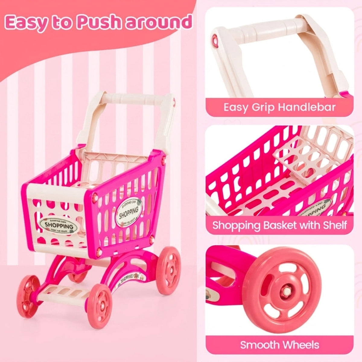 Redsmile Supermarket Playset for Kids 76 PCS Pretend Play Grocery Store Set with Shopping Cart, Pink