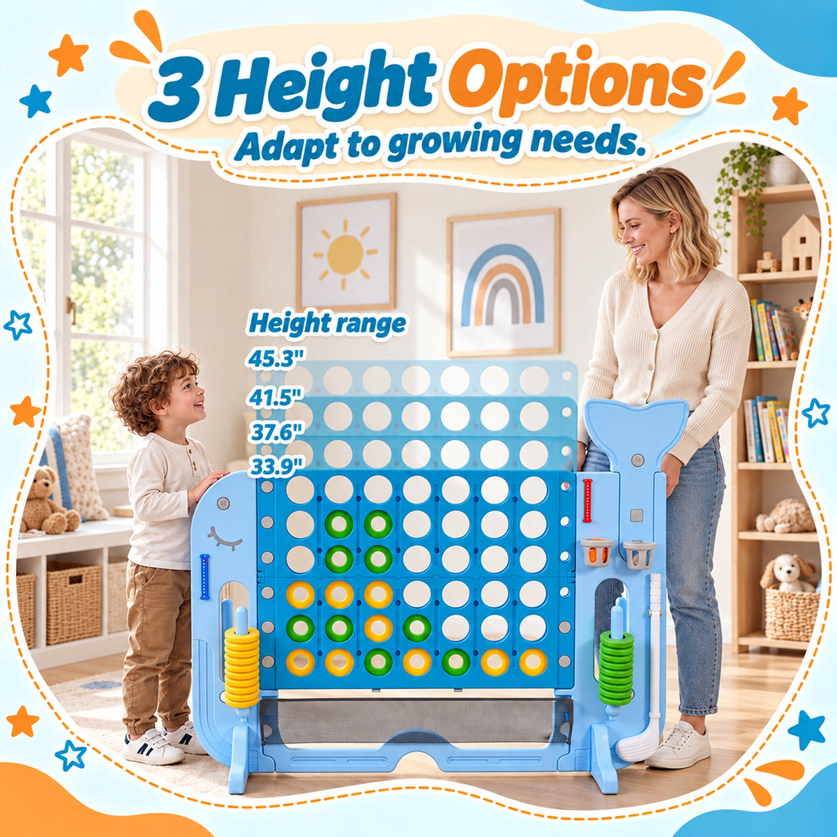 Redsmile Giant 4 in a Row Yard Game Set, 4-in-1 Outdoor Games for Kids and Adults with Basketball Hoop, Golf and Ring Toss, Adjustable Height Lawn Game for Backyard Party, Blue