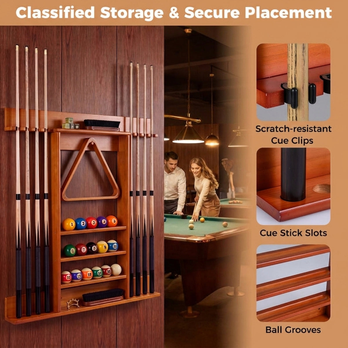 Redsmile Wall-Mounted Billiards Pool Cue Rack, Solid Pine Wood Pool Cue Holder for 8 Cues, 16 Balls, Ball Rack, Brushes and Chalk, Billiard Storage Organizer for Game Room Bar, Brown